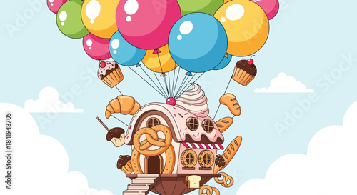 Whimsical Teapot House Flying with Colorful Balloons and Pastries.