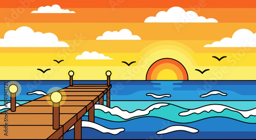 Wooden pier extending into the ocean at sunset with warm colors.