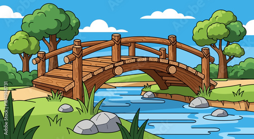 Wooden Bridge Over Serene River in Lush Green Landscape.