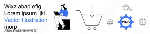 E-commerce, online shopping, digital logistics, warehouse management, inventory control, business automation. Minimal visuals with cart, connected elements woman using laptop. Online shopping