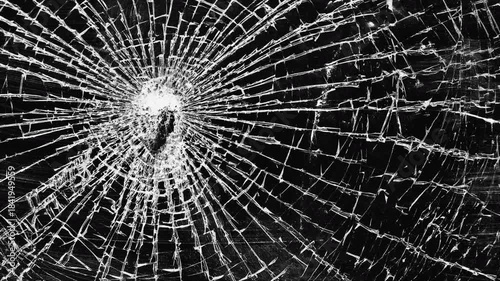 Glass breaking into pieces. Realistic Glass impact crack with detailed fractures on a black background. For overlay, simulating broken glass effects.