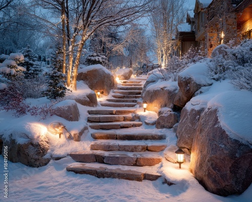 Serene Winter Pathway Illuminated by Soft Lights in Snowy Landscape