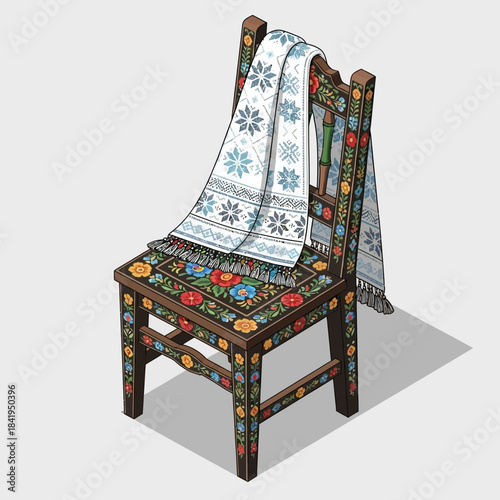 Colorful traditional embroidered wooden chair with detailed floral patterns and fabric draped over