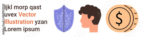 Digital security, identity management, financial technology, data protection, personal safety, banking. Visual shows shield, human profile and currency coin icons. Digital security and identity