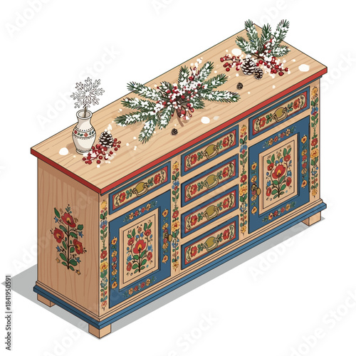 Festive Christmas sideboard decorated with pine branches berries and ornaments for holiday
