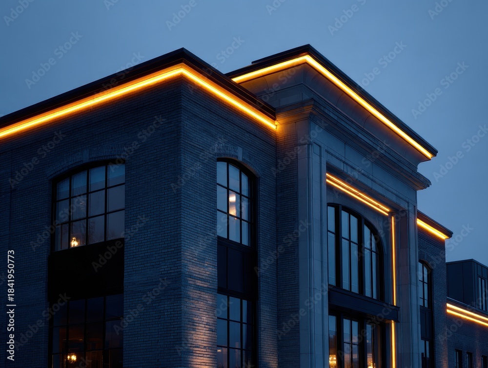 Fototapeta premium Modern Building Facade with Decorative LED Lighting at Dusk