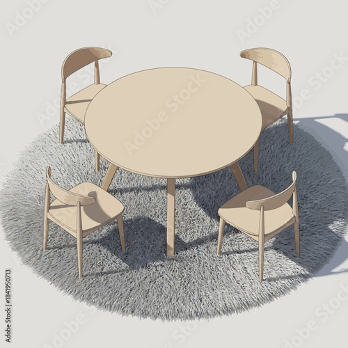 Modern minimalistic round dining table with four matching chairs on a soft circular rug