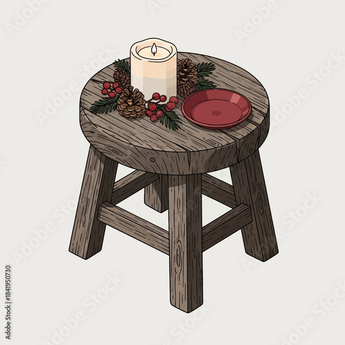 Rustic wooden stool with candles and holiday decorations for cozy ambiance