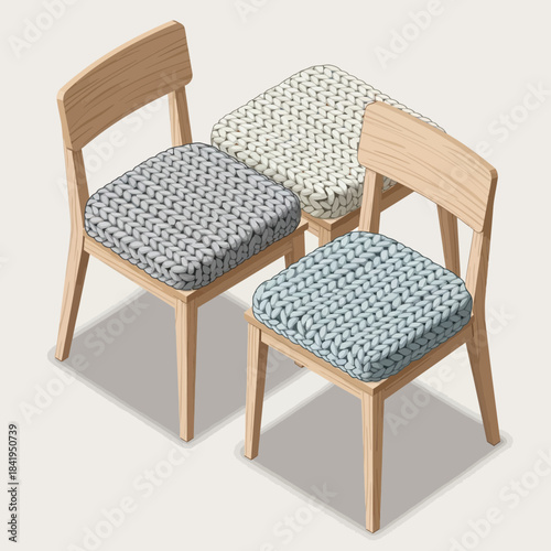 Set of three modern wooden dining chairs with knitted fabric cushions in pastel shades