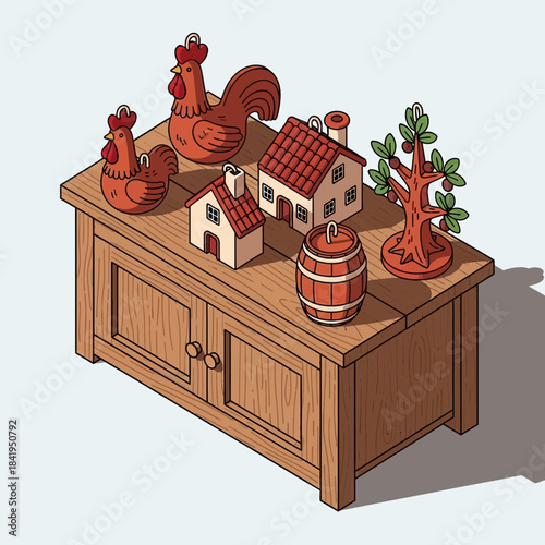 Whimsical wooden sideboard decorated with rural chickens, a tree, miniature houses, and a barrel