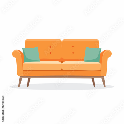 Orange Sofa with Teal Pillows Vector Illustration.