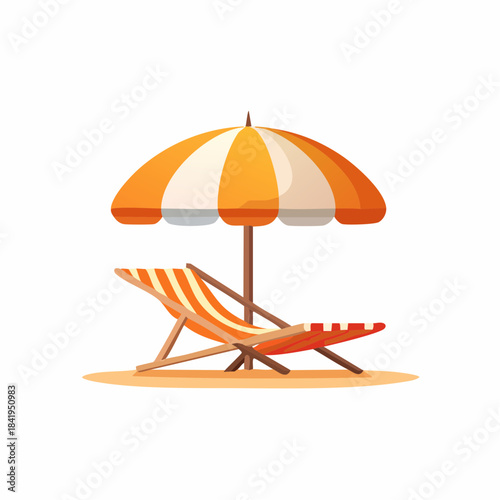 Orange Striped Beach Chair and Umbrella Illustration.