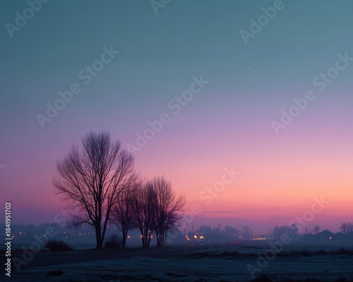 Serene Dawn Landscape with Silhouette Trees and Colorful Sky