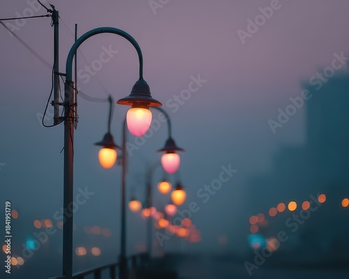Softly Glowing Street Lamps in Misty Evening Atmosphere