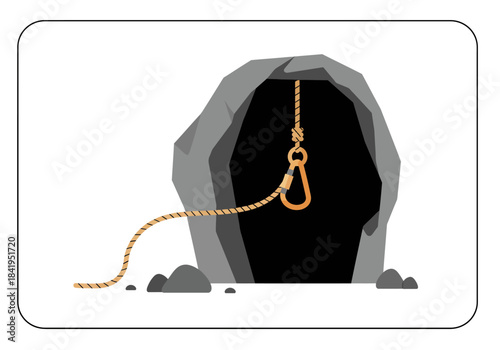 Cave Entrance with Rope and Carabiner Illustration.