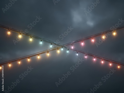 Colorful String Lights Against a Dark Cloudy Sky at Dusk