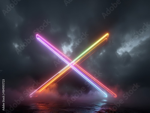 Colorful Neon Light Cross Against a Dramatic Dark Cloudy Sky