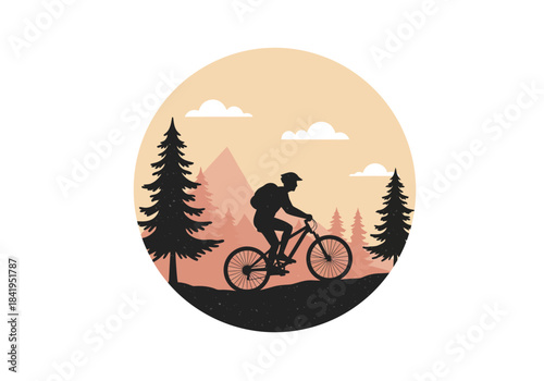 Mountain Biker Silhouette in Nature Circle Illustration.