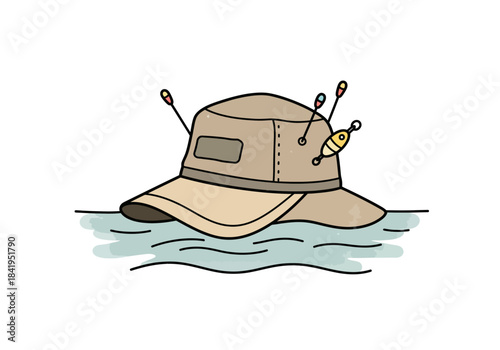 Fishing Hat Floating in Water with Lures.