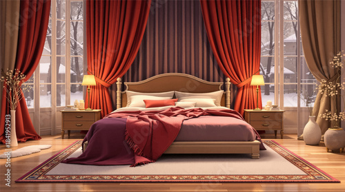 Royal red bedroom interior with dramatic luxury style. Classic luxury bedroom with bold red elegance. Opulent bedroom design inspired by royal aesthetics