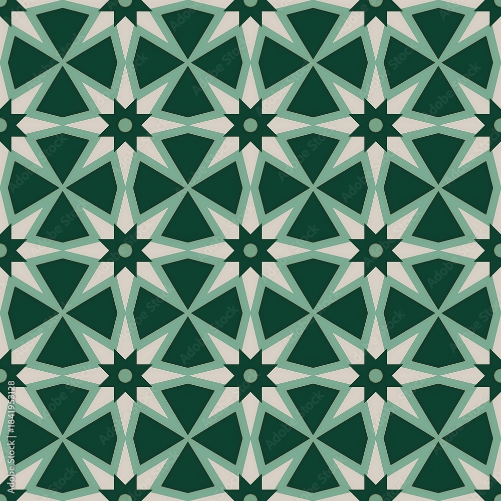 Fototapeta premium Abstract seamless pattern design with green leaves, geometric elements, and blue floral decoration for textile wallpaper