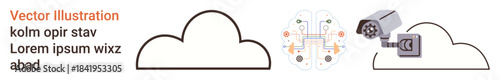Cloud computing, IoT security, artificial intelligence, data protection, cyber surveillance, machine learning. Digital brain connecting to a surveillance camera within cloud icons. Cloud computing