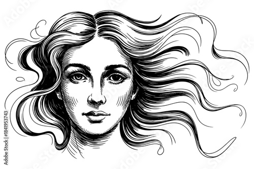 a female face with long flowing hair, classical art, vintage aesthetics, and fine linework