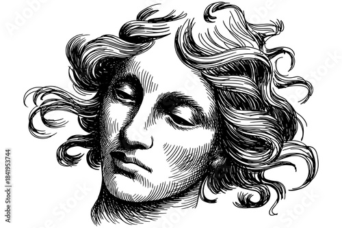 Detailed black-and-white engraving of a classical female face with flowing hair, antique sculpture and vintage fine art aesthetics.