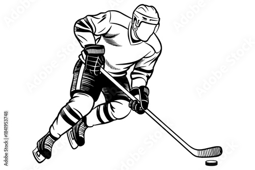 An ice hockey player skating with a stick and puck, ideal for sports themes and athletic designs.