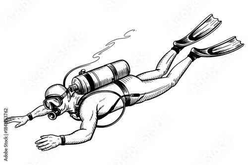 Detailed monochrome illustration of a scuba diver swimming underwater with equipment, representing diving, exploration, ocean sport, and underwater adventure.