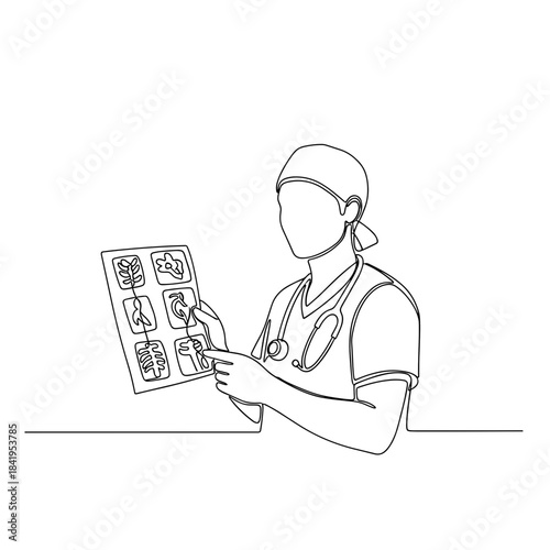 Doctor examining medical x-ray images and pointing at details  