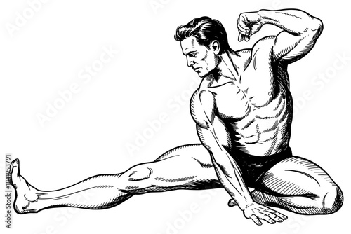 Detailed monochrome illustration of a muscular man in a dynamic pose, emphasizing strength, anatomy, fitness, and classical artistic anatomy study.