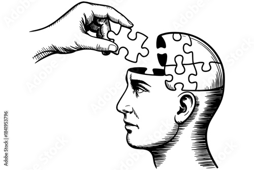 Conceptual black and white engraving showing a human head with puzzle pieces and a hand placing one, symbolizing thinking, problem solving, and mental insight.