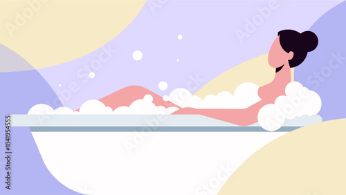 Pastel Flat Design Relaxing Woman Bubble Bath Illustration