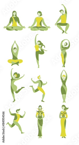 Woman yoga poses and dance movements with transparent background