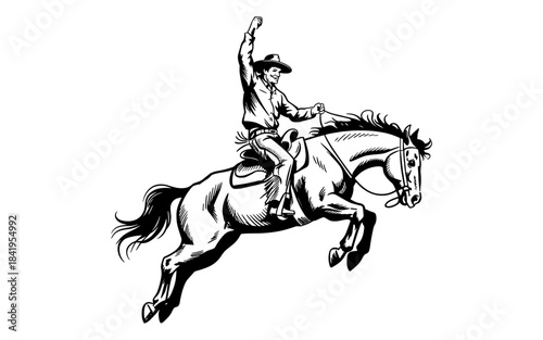 a cowboy riding a bucking horse with raised arm, capturing rodeo excitement, western culture, and victory energy.