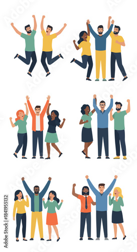 Group of people celebrating success with raised arms