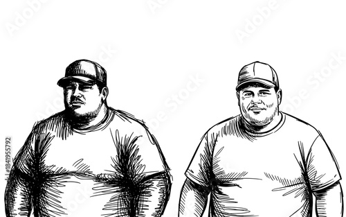 Black and white sketch illustration of two overweight men standing side by side, showing body shape comparison, realism, and human diversity.