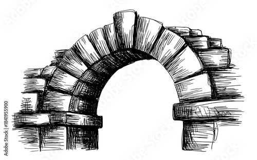 Black ink sketch of an old stone archway, representing ancient architecture, ruins, construction techniques, and historical masonry design elements.