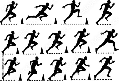 Dynamic silhouettes of athletes performing sprint running drills with cones, showcasing speed, agility, movement, 