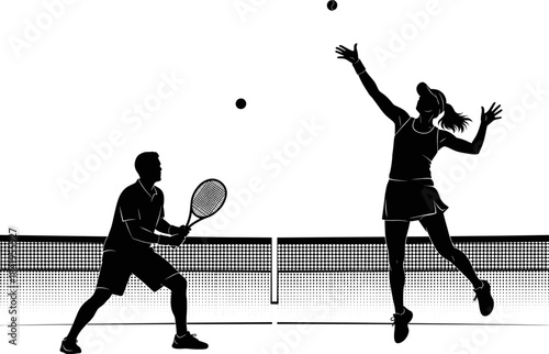 Dynamic silhouette vector illustration of mixed doubles tennis players performing serve and return actions on court, showcasing athletic movement, competitive energy, and sports performance