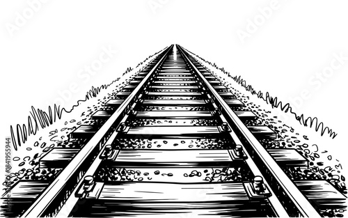 hand drawn illustration of railway tracks in strong perspective, leading into the distance, minimalist transportation concept artwork.