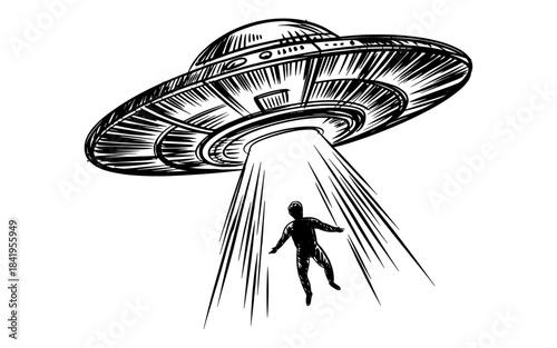 a flying saucer abducting a human with light beam, classic science fiction concept artwork.