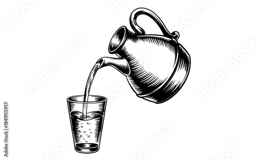 a jug pouring water into a glass, classic hand drawn drink concept on transparent background.