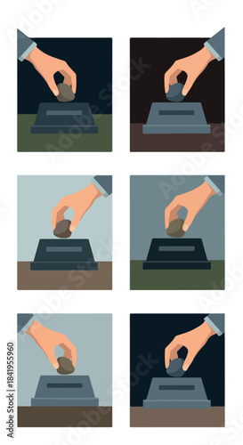 Donation box with hand dropping coin, various backgrounds