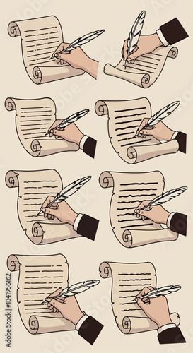 Hand writing with feather quill on parchment scrolls