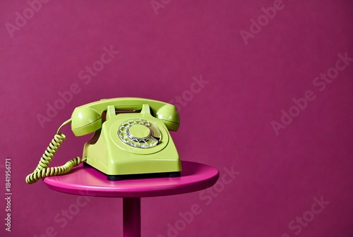 Vintage Green Telephone in Retro Style: Bright Colors and Playful Aesthetics on Pink Background for Quirky 1960s Interior Design Decor