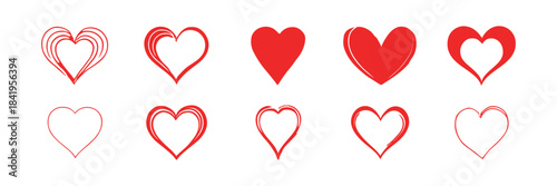 Vector illustration of various hand drawn red heart icon collection isolated on white background representing love romance valentine wedding passion and celebration