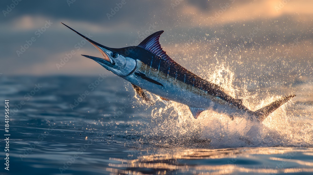 Fototapeta premium Striking billfish leaps powerfully from deep ocean waves during sunrise or sunset