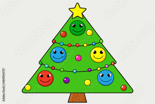 Smiling New Year. Christmas trees with colored balls,smiles